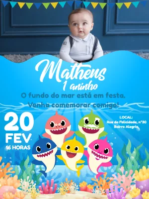 Convite Aniversário Baby Shark com Foto para Editar Online