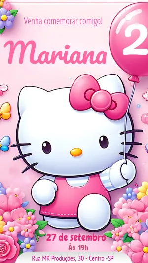 Convite Aniversário Hello Kitty para Editar Online