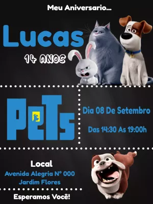 Convite de Aniversário Pets com Personagens para Editar Online
