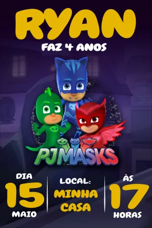 Convite de Aniversário PJ Masks com Heróis para Editar Online