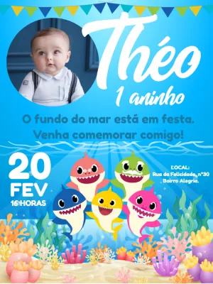 Convite Aniversário Baby Shark com Foto para Editar Online