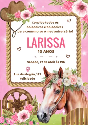 Convite Aniversário Boiadeira com Cavalo para Editar Online