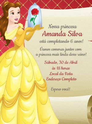 Convite Aniversário A Bela e a Fera para Editar Online