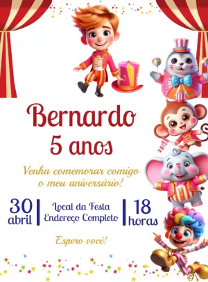 Convite Aniversário Circo com Menino e Animais para Editar