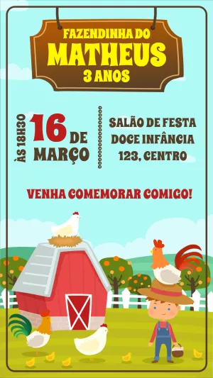 Convite de Aniversário Fazendinha com Animais para Editar