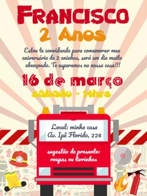 Convite de Aniversário Bombeiros com Caminhão para Editar