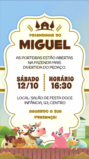 Convite de Aniversário Fazendinha com Animais para Editar Online