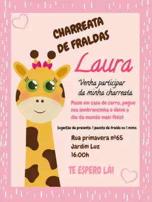 Convite Charreata de Fraldas Girafa Rosa para Editar Online