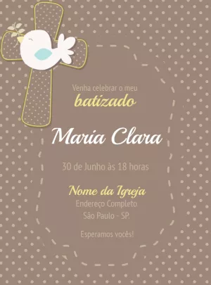 Convite de Batizado com Passarinho e Cruz para Editar Online