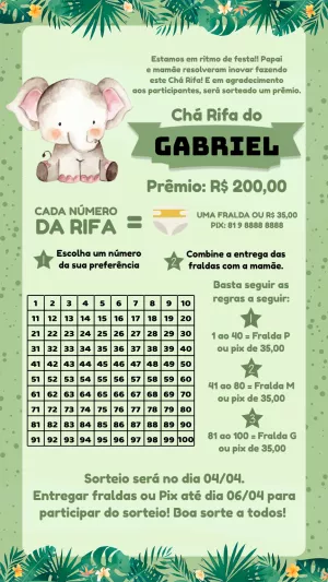 Convite Chá Rifa Safari com Elefante para Editar Online
