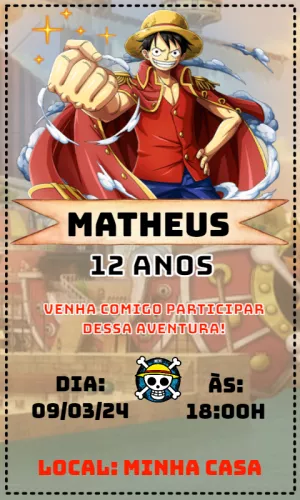 Convite Aniversário One Piece com Luffy para Editar Online