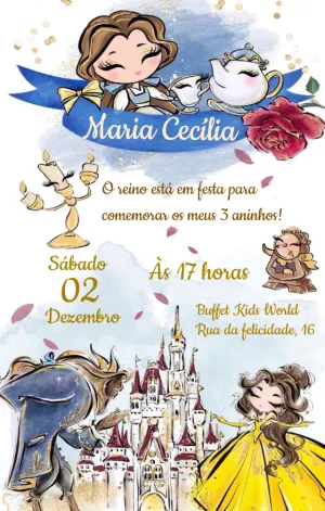 Convite Aniversário A Bela e a Fera com Personagens para Editar