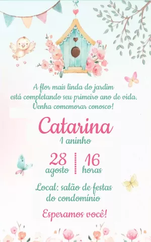 Convite Jardim Encantado Aquarela com Passarinhos para Editar