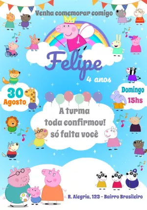 Convite de Aniversário Peppa Pig com toda a turma para Editar