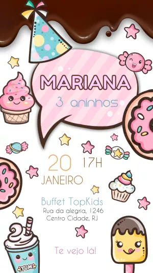 Convite de Aniversário Mundo Doce Kawaii Editável Online
