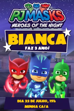 Convite Aniversário PJ Masks com os Heróis para Editar Online