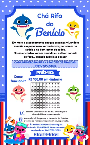 Convite Chá Rifa Baby Shark Editável Online para Imprimir