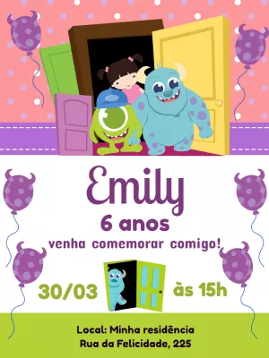 Convite de Aniversário Monstros SA para Editar Online