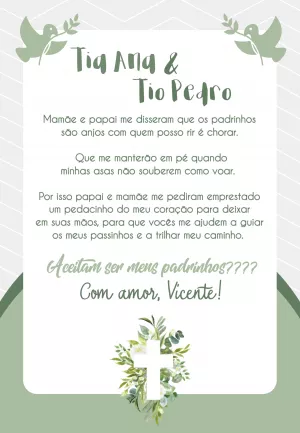 Convite Padrinhos de Batizado com Folhagem para Editar Online