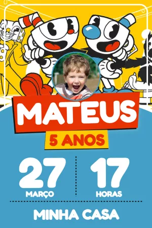 Convite Aniversário Cuphead com Foto para Editar Online