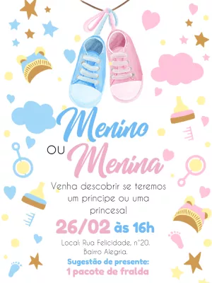 Convite Chá Revelação Sapatinhos Aquarela para Editar Online