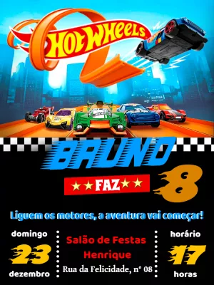 Convite Aniversário Hot Wheels com Carros para Editar Online