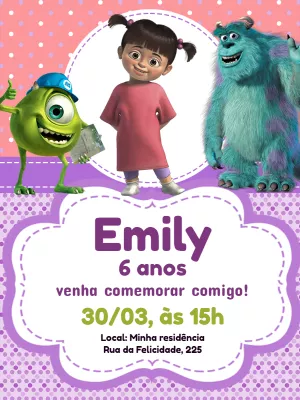 Convite Aniversário Monstros SA com Boo e Amigos para Editar