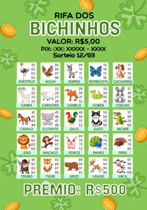 Cartela de Rifa dos Bichinhos Editável Online para Imprimir