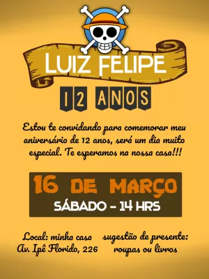Convite de Aniversário One Piece com Piratas para Editar Online