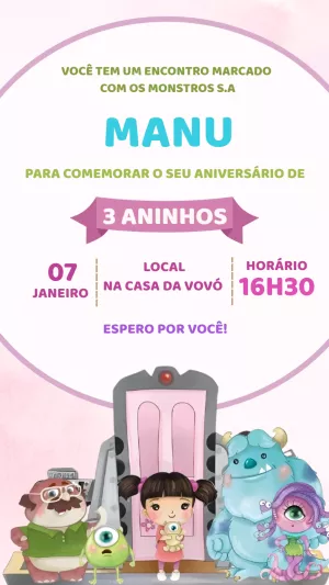 Convite de Aniversário Monstros SA com Boo para Editar Online