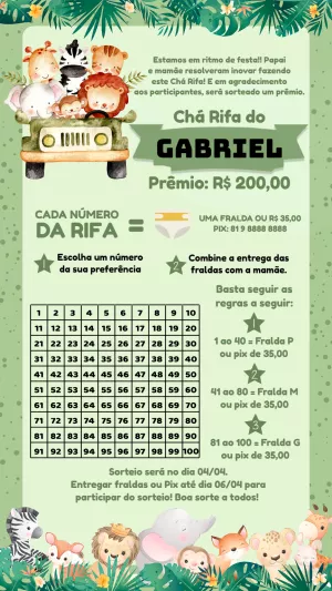 Convite Chá Rifa Safari com Animais para Editar Online