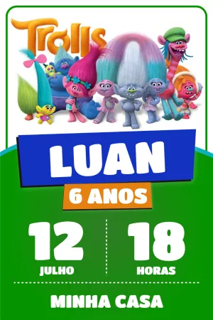 Convite de Aniversário Trolls com Personagens para Editar Online