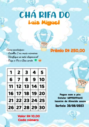 Arte Chá Rifa Ursinho Baloeiro Editável Online para Imprimir