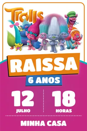 Convite de Aniversário Trolls com Personagens para Editar Online