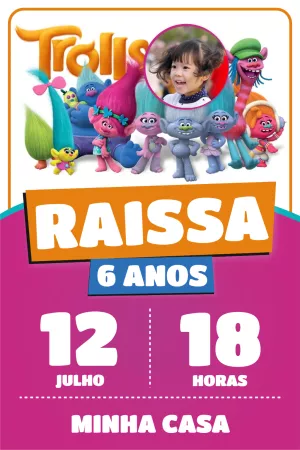 Convite de Aniversário Trolls com Foto para Editar Online