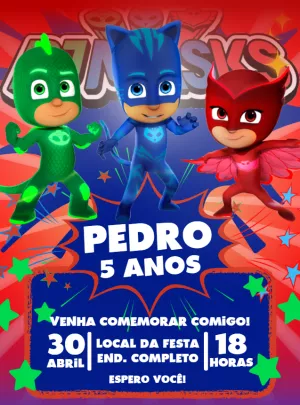 Convite de Aniversário PJ Masks Heróis em Ação para Editar