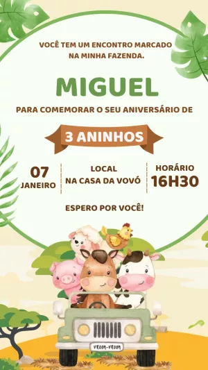 Convite Aniversário Fazendinha com Bichinhos para Editar Online