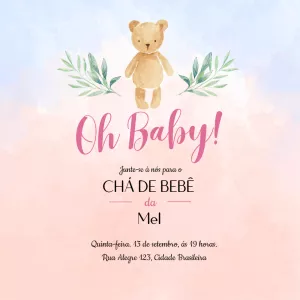 Convite Chá de Bebê Ursinha Aquarela para Editar Online