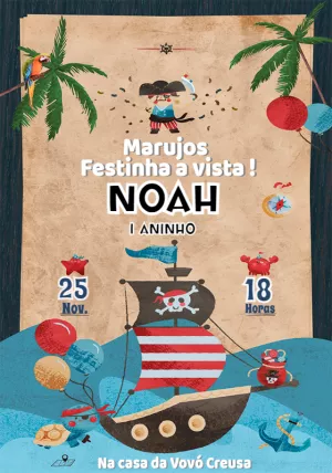 Convite de Aniversário Pirata Infantil para Editar Online