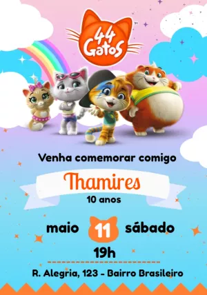 Convite Aniversário 44 Gatos para Editar Online