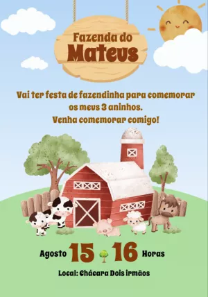 Convite de Aniversário Fazendinha com Animais para Editar Online