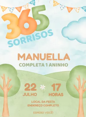 Convite Aniversário 1 Ano 365 Sorrisos para Editar Online