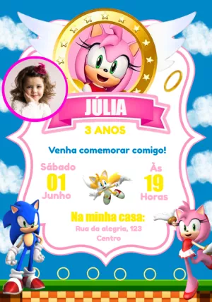 Convite de Aniversário Amy Rose e Sonic com Foto para Editar