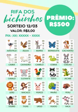 Cartela de Rifa dos Bichinhos Editável Online para Imprimir