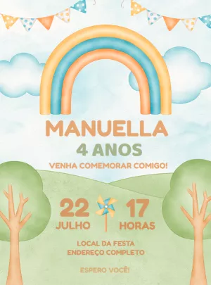 Convite Aniversário Arco Íris Aquarela para Editar Online