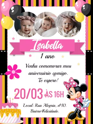 Convite Aniversário Minnie Rosa com Foto para Editar Online