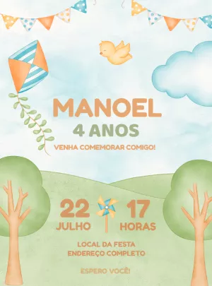 Convite de Aniversário Infantil Tema Pipa para Editar Online