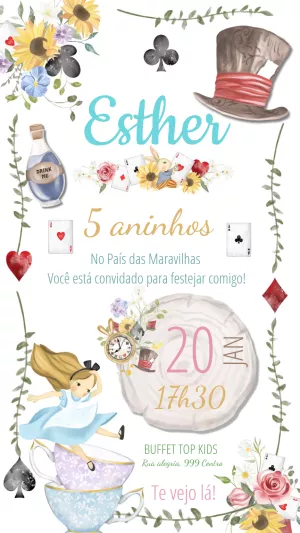 Convite Aniversário Alice no País das Maravilhas para Editar Online