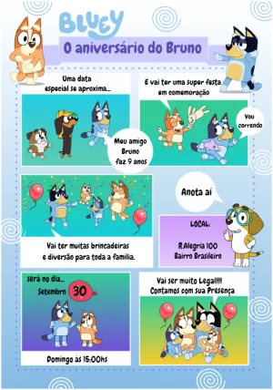 Convite de Aniversário Bluey Quadrinhos para Editar Online
