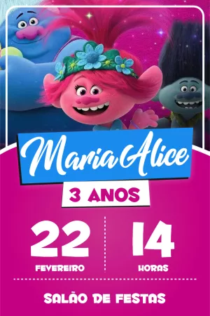 Convite de Aniversário Trolls com Personagens para Editar Online